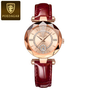 POEDAGAR Women Watches Luxury Leather Ladies Watch Diamond Quartz Wristwatch Date Waterproof Luminous Fashion Design Rose Gold Watch for Women