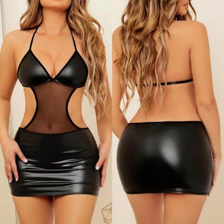 Womens Wet Look Faux Leather Bodycon Party Evening Clubwear Mini Dress