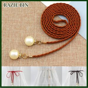 RAZIE BIN เข็มขัดหนัง PU แบบบางสุดสร้างสรรค์เข็มขัดคาดเอวยางยืดประดับมุกชุดเดรสของผู้หญิงของขวัญเข็มขัดผู้หญิง