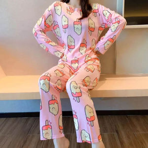 meimei ชุดนอน เสื้อแขนยาวและกางเกงขายาว ชุดนอนลายการ์ตูน(พร้อมส่ง)