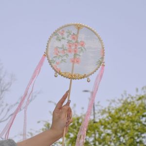BEITE Long Handle Chinese Style Fan with Tassels Handheld Circular Fan Vintage Decorative Floral Pattern Silk Fan Dance