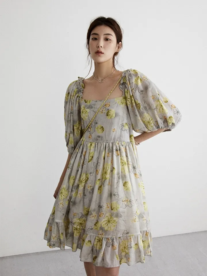 Miss M Square Neck Elastic Sleeve Ruffle Hem Babydoll Dress A3072