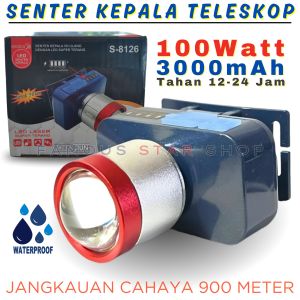 Senter Kepala SUNPRO 100 Watt S-8126 /S-8125 Lensa Zoom Laser Jangakauan 900 Meter Tahan Air Dan Benturan Cahaya Putih Cas USB Tipe-C Headlamp | Head Flashlight LED Rechargeable