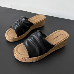 Free Shipping WomenS Pleated Slip-On Sandals With Soft Soles Platform Heels And A Wedge Design Perfect For Summer Wear Versatile For Beach Vacations And Height-Enhancing