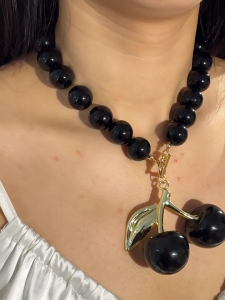Statement Cherry Necklace with Distinctive Black or Red Resin Design Clavicle Chain Perfect for Stylish Gatherings