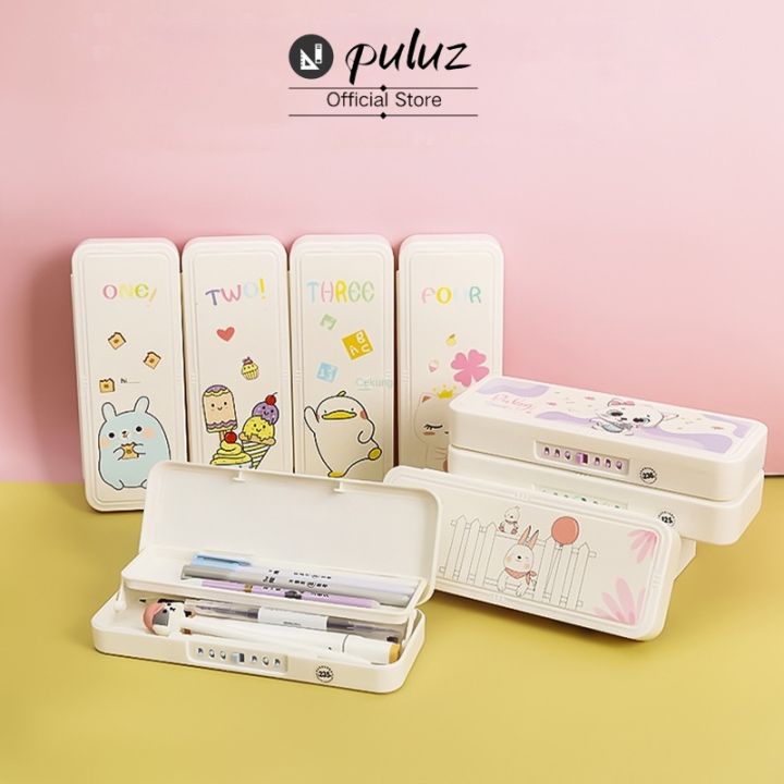 【Puluz】Tempat Pensil Anak Aesthetic Transparan Serbaguna Kotak Tepak Pensil Murah Perempuan Lucu Karakter Pencil Case  Besar Kunci Kata Sandi Multi -fungsi Ganda -llayer Kapasitas Besar