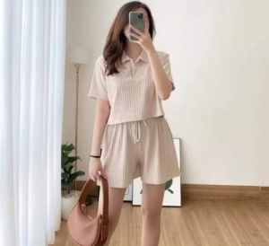 stelan pendek knit polos /  One Set Wanita Polos Setelan Wanita Kekinian Polo Knit Wanita Pendek TERMURAH