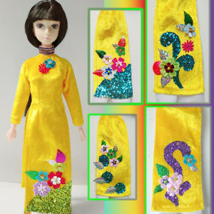 [HCM]Combo bộ Áo Dài Đồ chơi Phụ kiện áo dài cô gái Việt Nam bao gồm áo khoát cô dâu Áo Dài Nhung  vẽ thủ công đính hoa văn .đôi GIÀY GIỎ HOA cầm tay