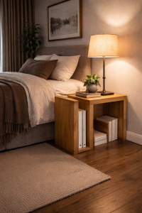 s-shaped table Scandinavian furniture table modern minimalist wood table aesthetic bedroom furniture Japandi style side table contemporary wooden furniture olid wood side table hardwood bedside table durable wooden furniture handcrafted wood table