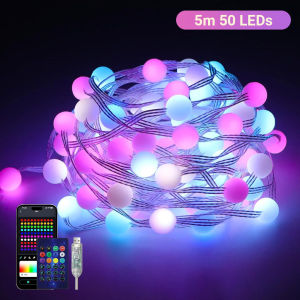 RGBIC Color Changing Fairy Lights Smart Bluetooth App Control LED Globe String Lights USB Music Sync Waterproof Garland Decoration for Room Party Outdoor Camping