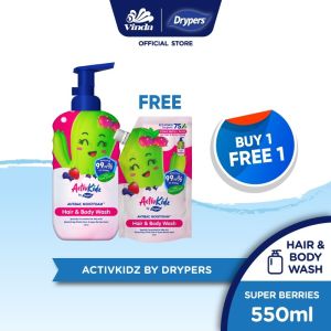 Drypers ActivKidz AntiBac MoistFoam Hair & Body Wash 550ml (1 Pack) FREE 400ml 1 Pack