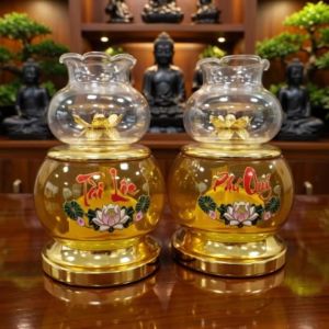 Đèn Dầu Lưu Ly Thủy Tinh Chân Vàng Hoa Sen Chữ Phú Quý Tài Lộc - Đèn Thờ Cúng Cao Cấp ( 3 Size)