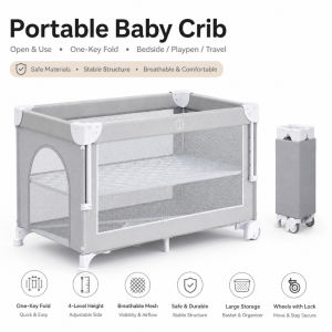 Portable Baby Crib Foldable Travel Cot with Mattress Wheels 3 in 1 Bedside Sleeper Playpen for Newborns Infants Toddlers 0-3 Years
