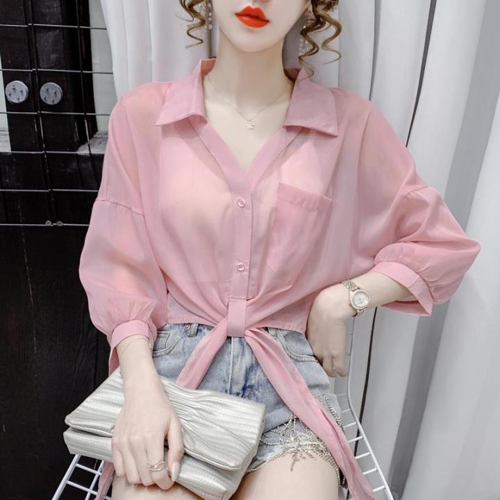 Chiffon Shirt Womens 2023 Summer New Style Temperament Loose Lace Up