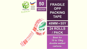 Fragile Printed OPP Packing Tape (Red & White) 48mm x 50m x 50mic (24 ROLLS) for Courier Parcel Packaging/Caution Warning/Handle with Care SB65