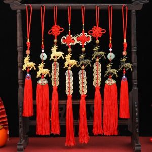 LP9U Gold Bronze Zodiac Sheep Ornament 2027 Chinese Year Red Tassel Chinese Knot Hanging Ornament Festive Alloy Hanging Ornaments Year Decor