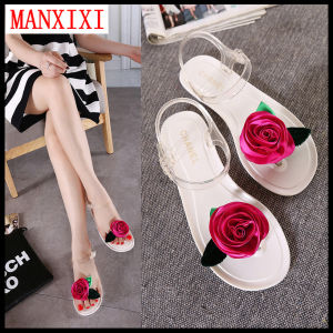 MANXIXI Fashion Jelly Flat Sandals Beautiful Rose Inlay Shoes For Women （35-40 Size）