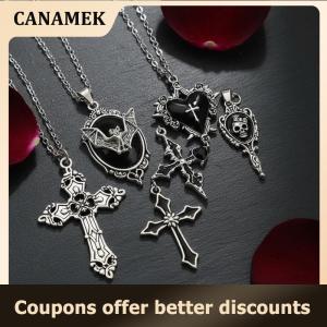 【 CANAMEK 】 Women Gothic Pendant Necklace Set 5Pcs Heart Bat Cross Fashion Jewelry for Cosplay Streetwear and Evening Gatherings