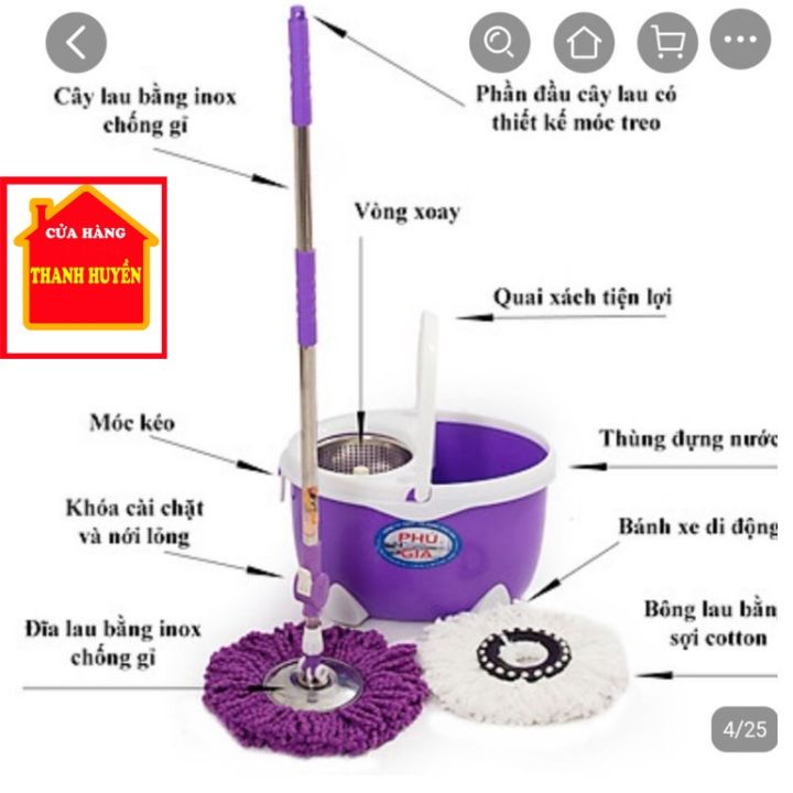 Bộ chổi lau nhà đa năng 360 độ Phú Gia mâm inox PG360-MS03