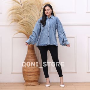 Kemeja Oversize Wanita Jeans Atasan Kemeja Denim Lengan Panjang Ootd Kekinian