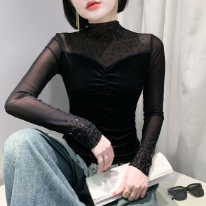 YIMEI Autumn and winter new style rhinestone velvet purple top 2024 new style western-style mesh splicing half high neck base shirt for women