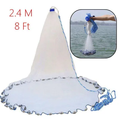 [Fast Delivery] 8Ft 2.4M Fishing Net Bait Easy Throw Hand Cast 3/4 inch Strong Nylon Mesh Saltwater Fishing Cast Net 3ft Radius with Heavy Duty Zinc Sinker & Aluminum Disc For Bait Fish with Fish Shrimp Baske