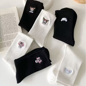 Sanrio Kawaii Anime Cotton Socks Cinnamorol Mymelody Kuromi Simple Casual Black White Classic Allmatch Mid-Calf Socks Women Gift