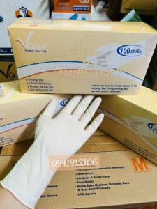 Hộp 100 Chiếc (50 Đôi) Găng Tay Y Tế Phủ Polime Latex Không Bột Vglove Khải Hoàn Size SML Phủ Polime 2 Mặt Màu Kem Trắng Dùng Trong Thẩm Mỹ Chế Biến Thực Phẩm Nha Khoa