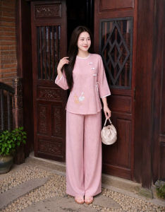 Đồ Lam Pháp Phục Thêu Hoa Sen Vải Đũi Vân Mây Cao Cấp - Bộ Pháp Phục Đi Chùa Tay Lỡ Quần Suông Mềm Mát Có Size S-XL