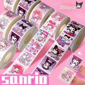 200 Pieces/roll Sanrio Kuromi Cinnamoroll Melody Hand Account Stickers Cartoon Kawaii Anime Hello Kitty Pochacco Kids Reward Stickers Gift Decoration Decals Toys