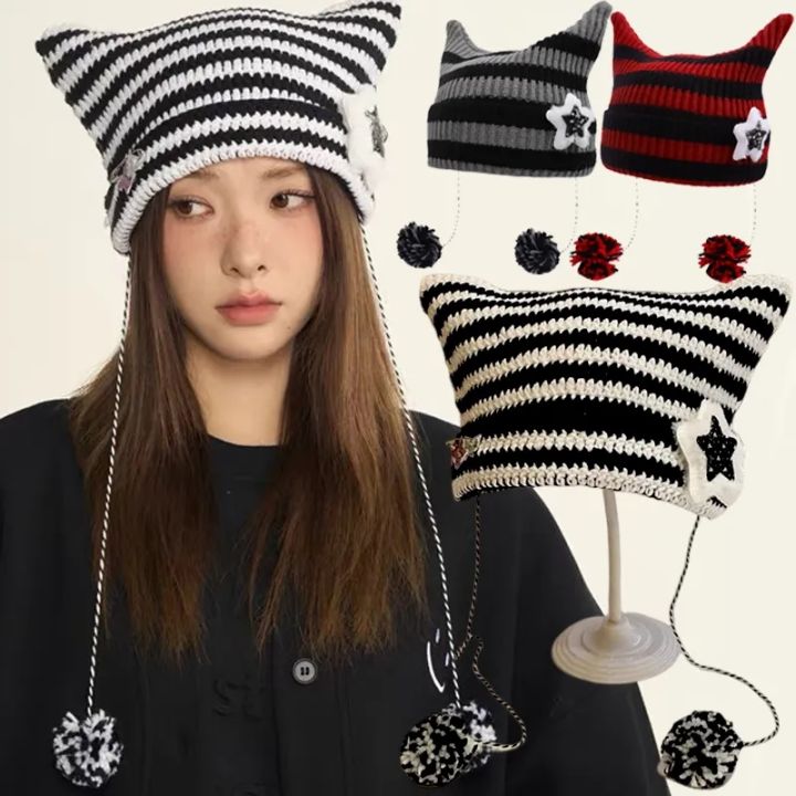 Y2K Cute Devil Knitting Striped Beanie Hat Wool Cap Autumn Winter