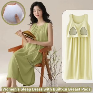 Womens Sleep Dress with Built-In Breast Pads Mid-Length Summer Plus Size Thin Sleeveless Sleepwear Can Be Worn Outside
