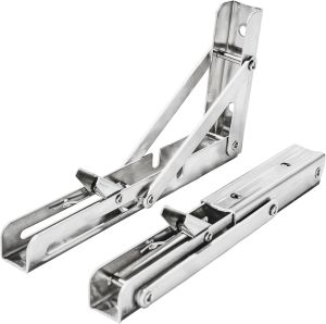 YYLIFE 2PCS Folding Shelf Brackets 8 InchStainless Steel Folding Billy Shelf Bracket with Triangle Support for Wall Mounted Storage Shelves Sturdy Metal Shelf Board Organizer Stand Silver