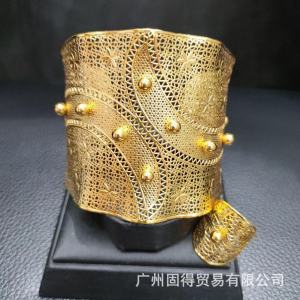 Dubai  24k Vòng Tay Hạt Đậu Mạ Vàng Nhẫn Bộ Trang Sức Vòng Tay Cưới Lớn Vòng Tay Mở Không Phai Màu