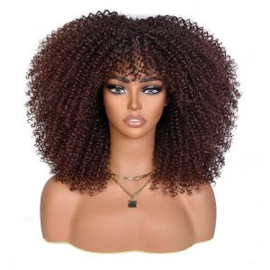 Short Curly Wig with Bangs Black Bob Afro Curly Wigs for Women 14 Inch Synthetic Glueless Wig Shake and Go Wigs Beginner Friendly Kinky Curly Wigs for Daily and Party Halloween Costume Events Wear