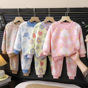 BRMU4 Cartoon Print Kids Pajamas Suit Warm Elastic Waist Pants Kids Homewear Cute Thickened Flannel Clothing Sets Winter