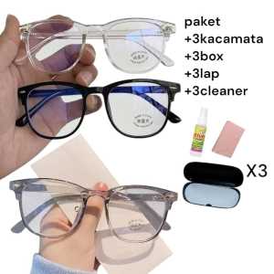 Paket Bundling Kacamata Isi 3Warna Abu Hitam Clear +3box +3cleaner +3lap Kacamata Korea cocok Semua Bentuk Wajah Oval Maupun Bulat