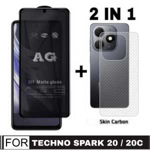 Promo Paket 2 in 1 Tempered Glass Tecno Spark 20 / 20C 2023 Anti Gores Layar AG Matte + Garskin Carbon Transparan