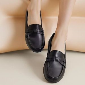 New Womens Black Shoes Fashion Flat Non-Slip Rubber Sole Comfortable Waterproof Versatile Student & Office Wear Slip-On Casual Footwear Blackshoes 075523