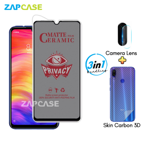 Paket 3in1 Anti Gores Layar Privasi Xiaomi Redmi Note 7 7 Pro Free Tempered Glass Camera dan Skin Carbon