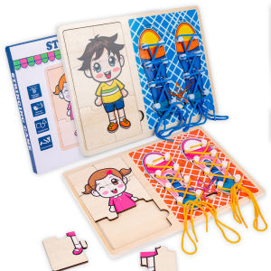 Wooden Montessori Lacing Shoe Puzzle Toys Tie Laces Threading Educational Jigsaw Boards Game Early Learning Activity Kids Toys