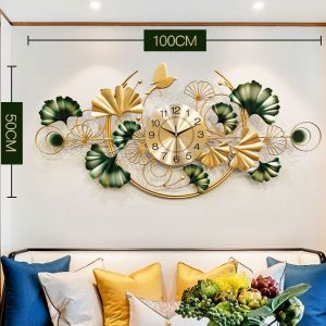 100/120cm Light Luxury Ginkgo Biloba Wall Clock Mute Creative Living Room TV Background Wall Wall Iron Decorative Wall Hanging