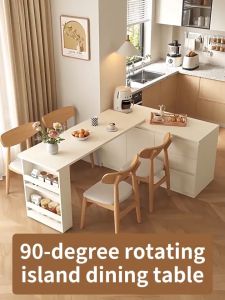 XHA [Pre Order] ENF Grade Solid Wood Rotatable Island Dining Table Integrated Cream Style Multifunctional Storage Cabinet for Small Living Room