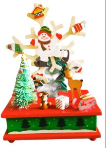 Wooden Music Box Xmas Christmas Tree and Snowman