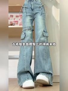 ยีนส์คาร์โก้แพทช์เวิร์ค Y2K สำหรับผู้หญิง เอวสูง กางเกงยีนส์ขาบาน สายรัดหัวเข็มขัด ดีไซน์ผูกเชือก สตรีทแวร์ กางเกงขากระดิ่งย้อนยุค
