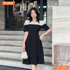 Đầm thiết kế BEMINE cổ sơ mi phối ren hoa dáng chữ A phù hợp đi làm-MT10802