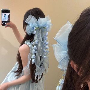 COUPLECOL Tassel Fairy Flower Hair Clip Sweet Long Ribbon Lace Bow Duckbill Clip Lolita Mesh Flower Hairpin Women