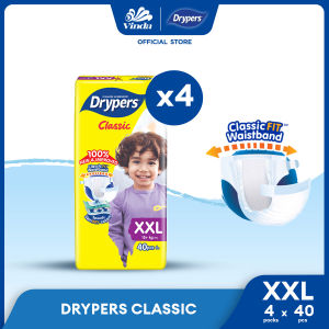 Drypers Classic Baby Diapers NB78/S70/M54/L50/XL44/XXL40 (4 Packs) - Soft Breathable Baby Diaper (Tape)