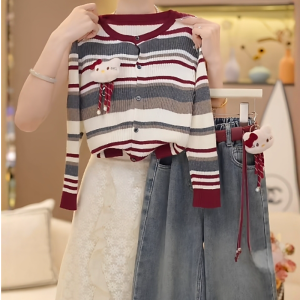 Christmas Gift Halloween Sanrio Hello Kitty Girls Striped Sweater Cardigan Jeans Set Autumn New Anime Item Korean Version Teenagers Cartoon Knitted Tops