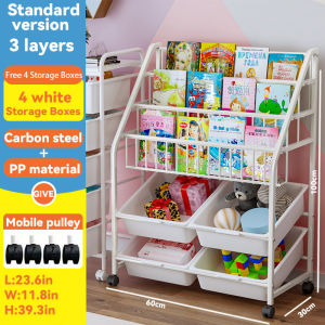 Multi-Layer Childrens Bookshelf Rack With Basket Bins Kids Toy Storage Rack Childrens Bookshelf Magazine Storage Household Floor